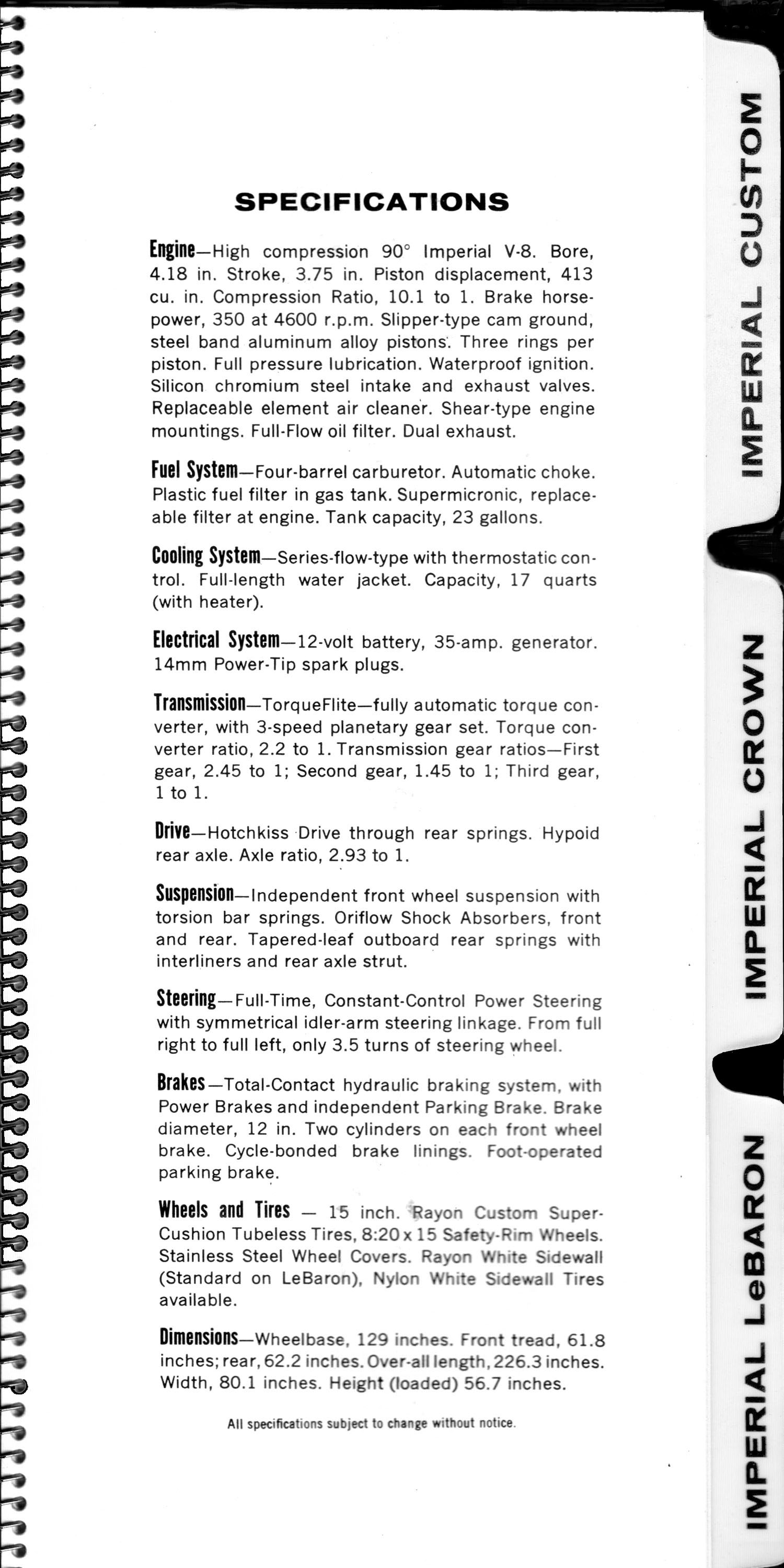 1960 Chrysler Imperial Showroom Brochure Specifications